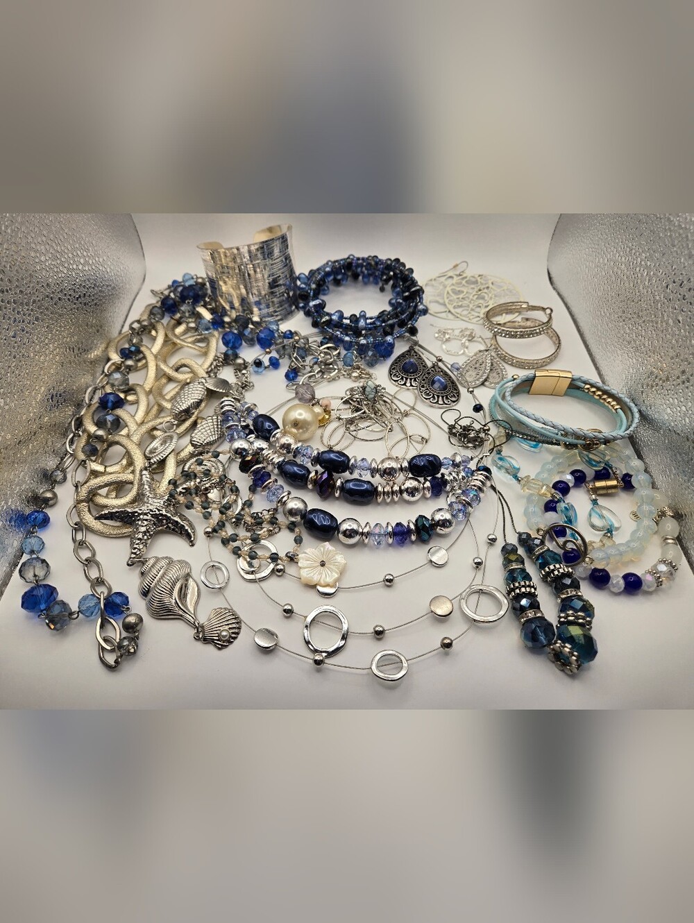 Costume Jewelry Lot Blue & Silver 20 Wearable Pieces Necklace Bracelet Earring